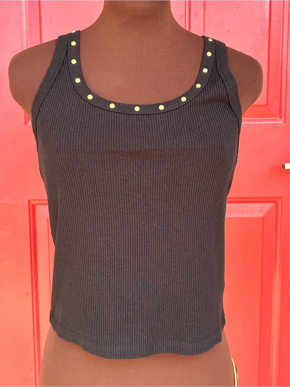 NWT MICHAEL KORS sM Blk Stud trim Ribbed Tank-MSRP $49-sltly cropped-scoop neck